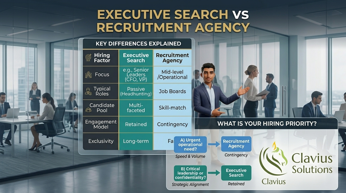 Executive Search vs Recruitment Agency: What Are The 5 Differences? 5 executive search vs recruritment clavius solutions clavius advantage