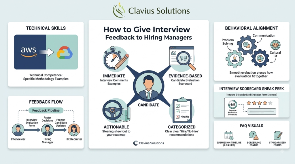 How to Give Interview Feedback to Hiring Managers (Proven Templates) 2 how to give interview feedback to hiring managers featuring a candidate evaluation framework and scorecard preview by Clavius Solutions.