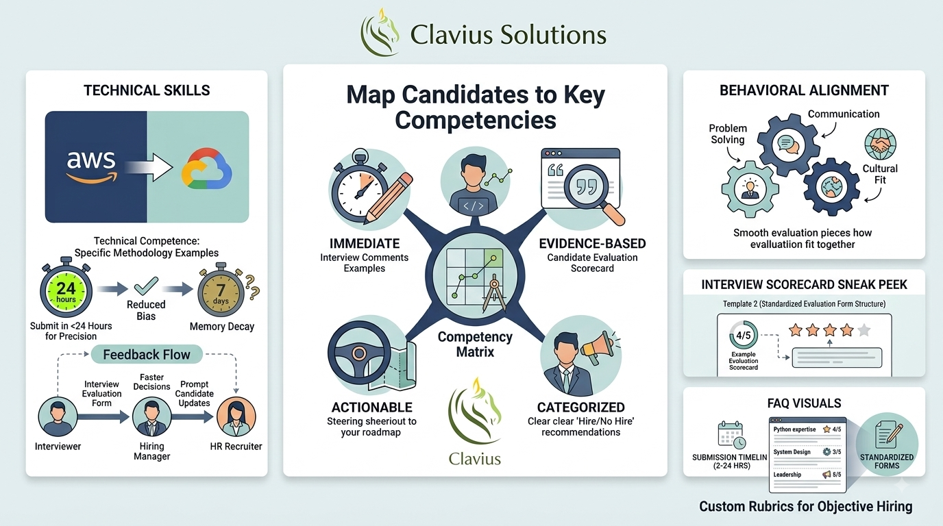 How to Give Interview Feedback to Hiring Managers (Proven Templates) 3 Diagram showing how to map candidate interview feedback to key technical and behavioral competencies by Clavius Solutions.
