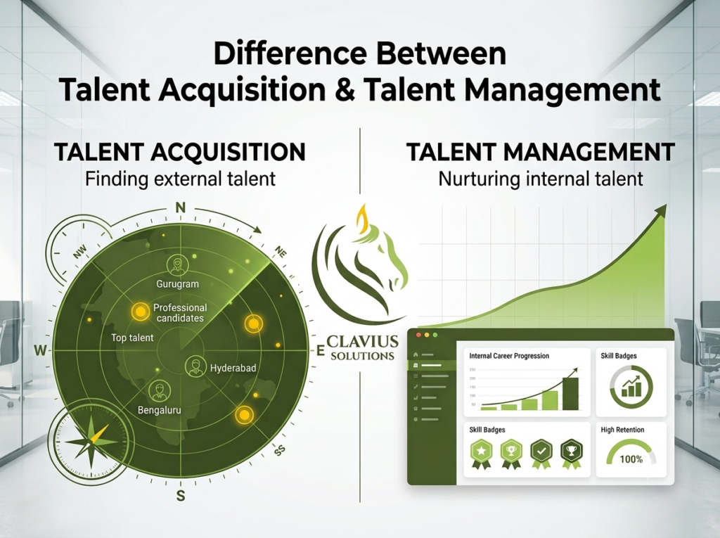 What Is the Difference Between Talent Acquisition and Talent Management? 7 Essential Insights for Businesses in India 2 Difference between talent acquisition and talent management infographic by Clavius Solutions