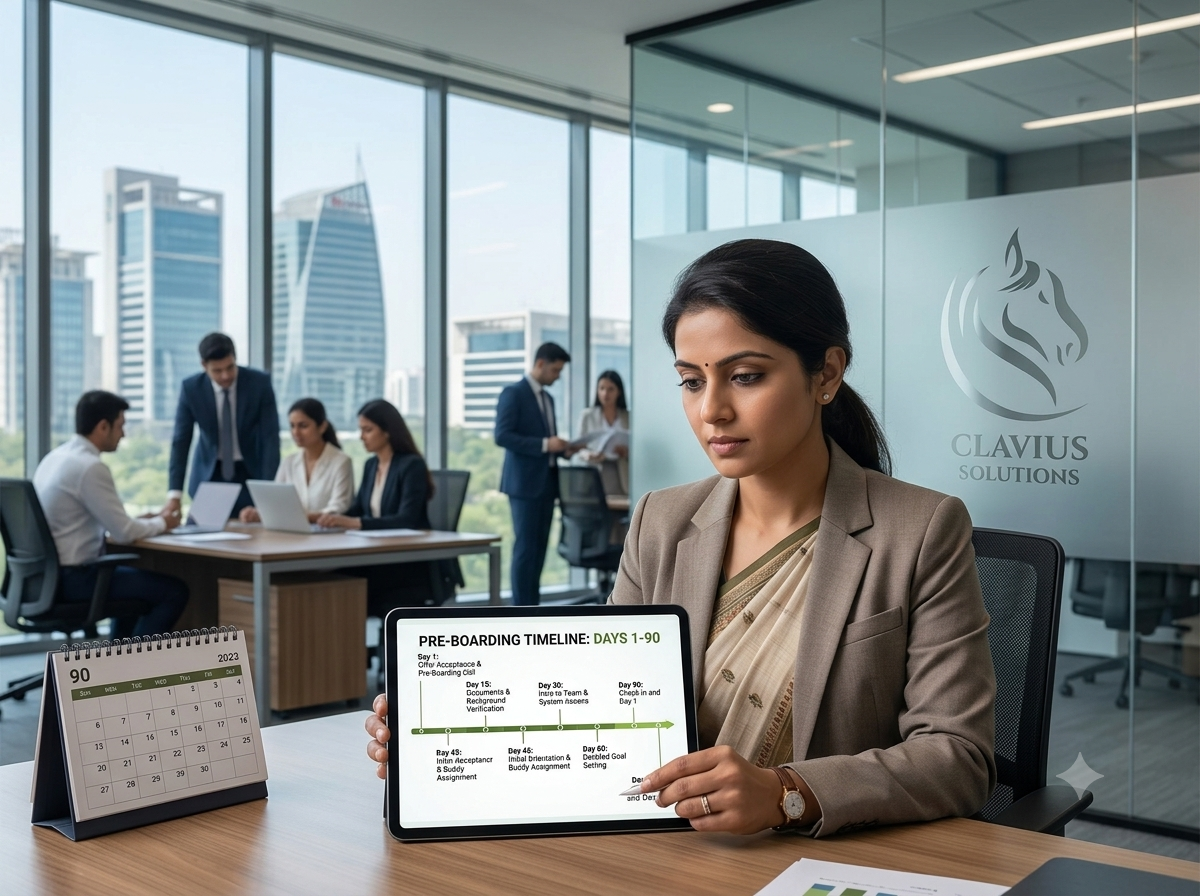 What Is the Difference Between Talent Acquisition and Talent Management? 7 Essential Insights for Businesses in India 3 Indian HR professional reviewing a 90 day candidate pre-boarding timeline