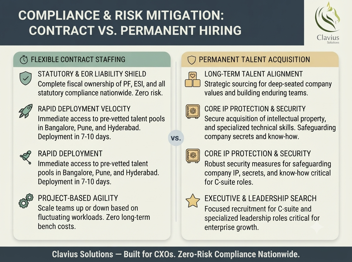 Choosing the Best Contract & Permanent Staffing Partner in Bangalore & India? 3 Infographic illustrating the best contract & permanent staffing models by Clavius Solutions, comparing compliance and talent deployment.