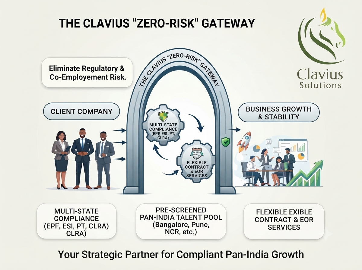 Choosing the Best Contract & Permanent Staffing Partner in Bangalore & India? 4 Infographic illustrating the Clavius Solutions 'Zero-Risk' Gateway for the best contract & permanent staffing, showing the transformation from client company to business growth and stability
