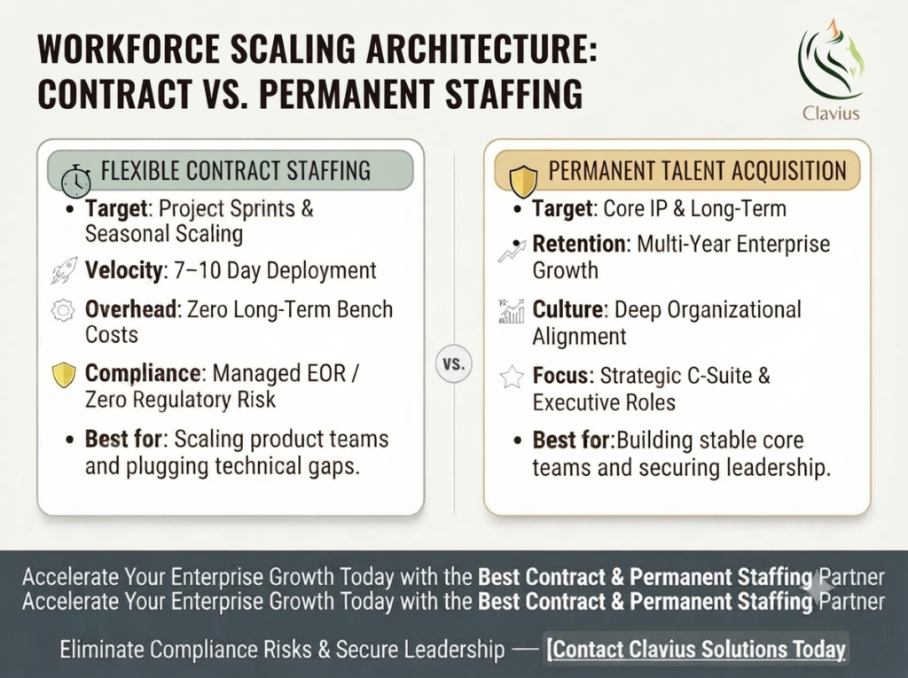 Choosing the Best Contract & Permanent Staffing Partner in Bangalore & India? 2 Infographic illustrating the best contract & permanent staffing models by Clavius Solutions, comparing 7-10 day talent deployment and statutory compliance.